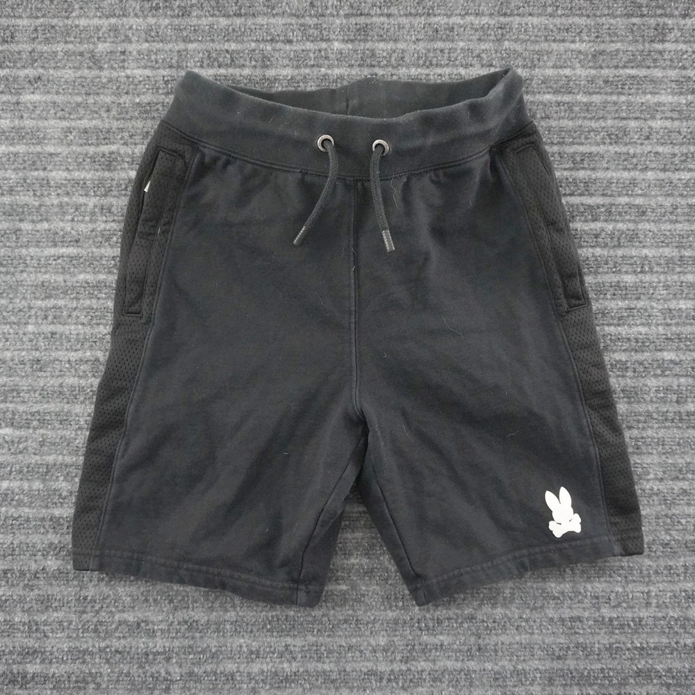 Psycho Bunny Sweat Shorts Mens M Black Mesh Side Trim Logo Drawstring Athletic